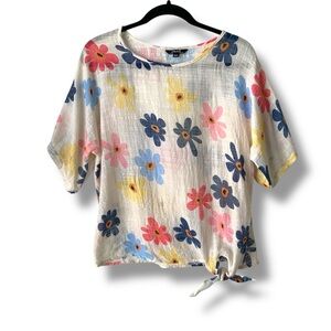 CHARLIE B Floral Tie-Front Blouse in Pink, Blue, Yellow, and Cream
